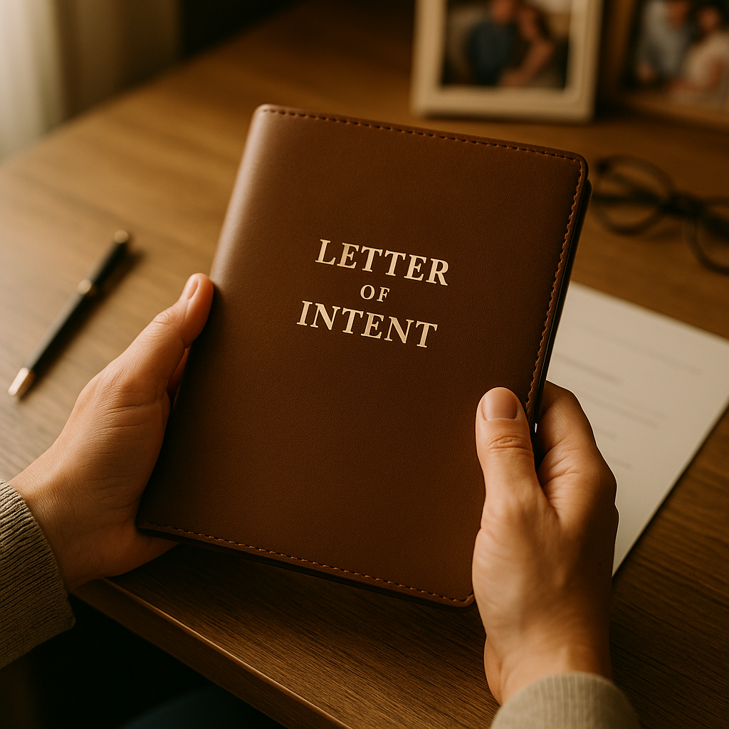 Letter of intent document for special needs planning resting on desk with family photos in background