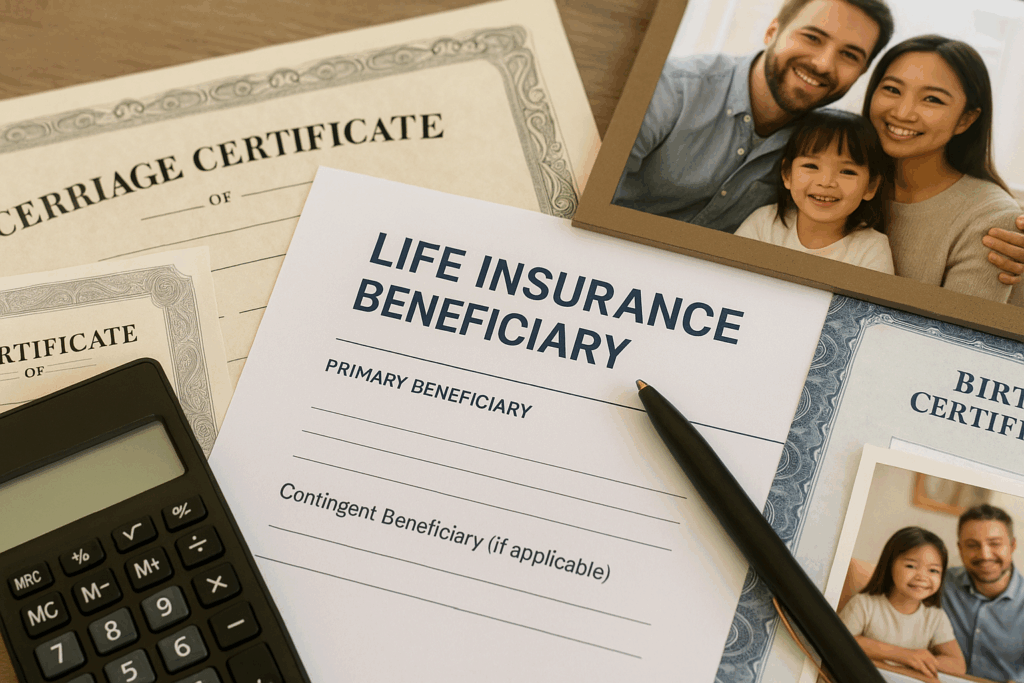 Life insurance beneficiary designation form with family documents showing importance of keeping beneficiaries current