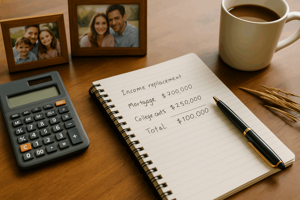 Life insurance coverage calculation showing income replacement needs, mortgage costs, and family expenses on notepad