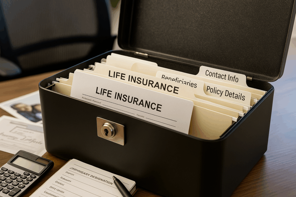 Organized life insurance document filing system showing proper storage and accessibility for family members