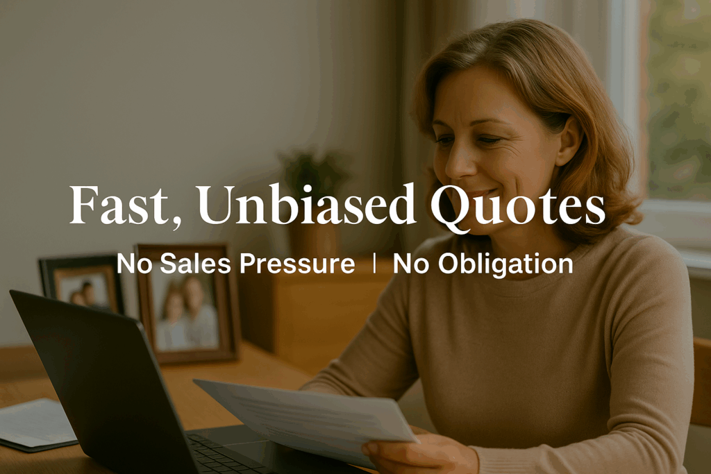 Person peacefully reviewing life insurance quotes online showing no-pressure comparison process