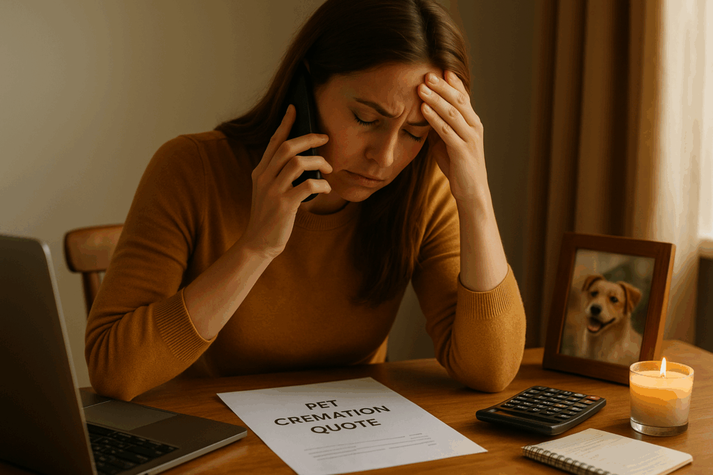 Pet owner researching affordable cremation options and financial assistance programs for pet end of life care
