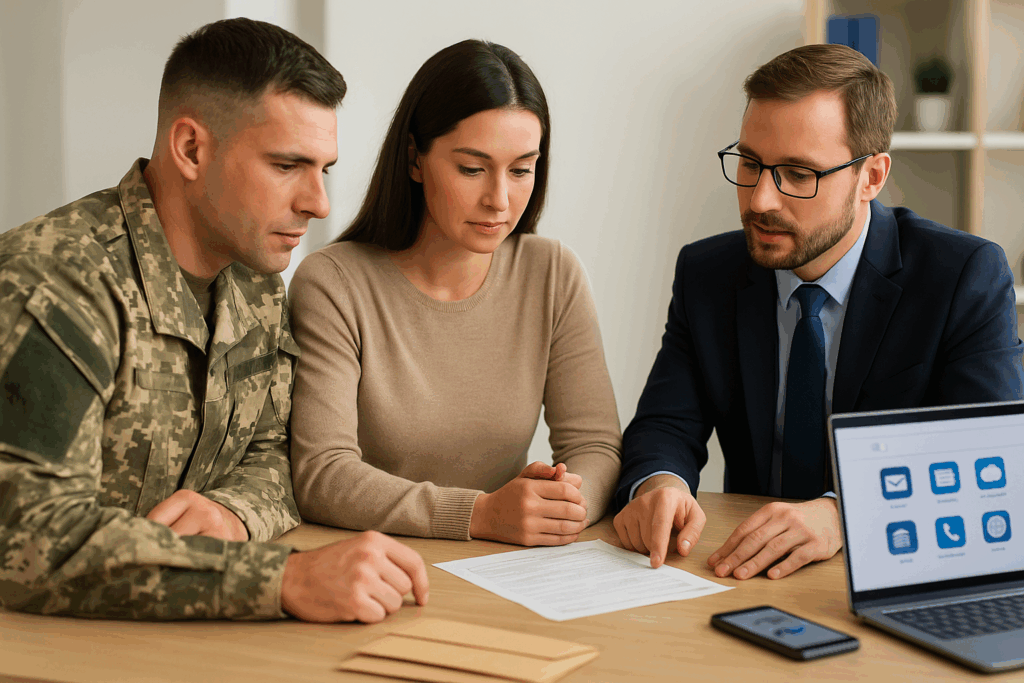Military family meeting with financial counselor for pre-deployment financial and estate planning
