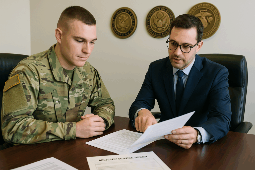 Military service member meeting with JAG attorney for power of attorney and legal assistance before deployment