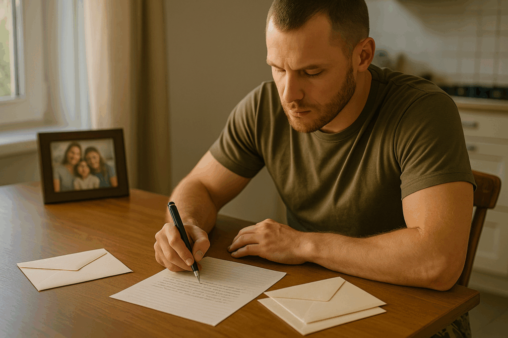 Military service member writing legacy letters and personal messages to family before deployment