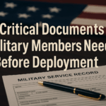 Military deployment preparation documents and checklist with U.S. flag for service member pre-deployment planning