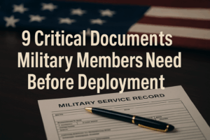 Military deployment preparation documents and checklist with U.S. flag for service member pre-deployment planning