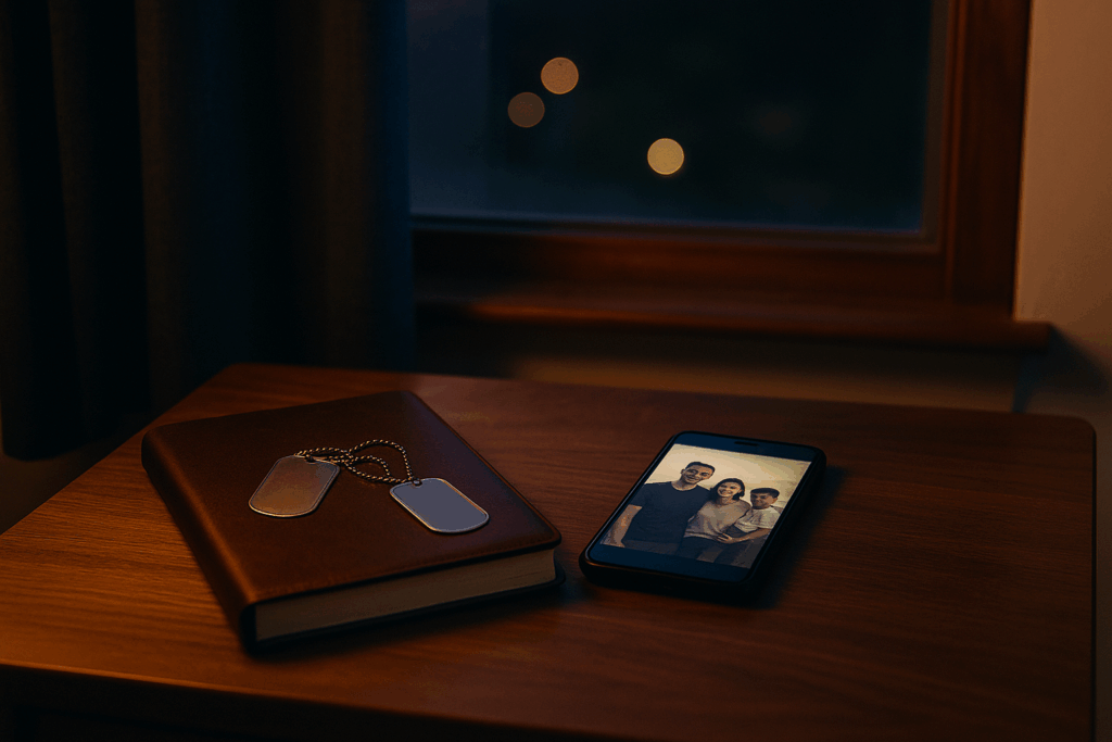 Service member's personal space with journal and family photos showing isolation and connection through writing
