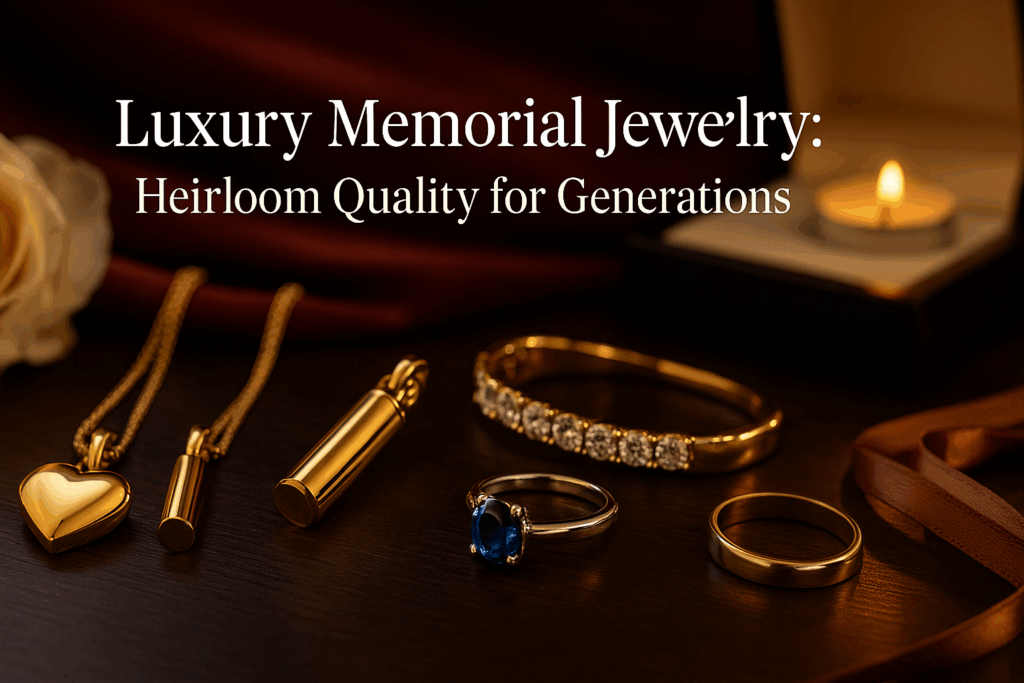 Luxury cremation jewelry from Miracle Memorial crafted with precious metals and natural gemstones