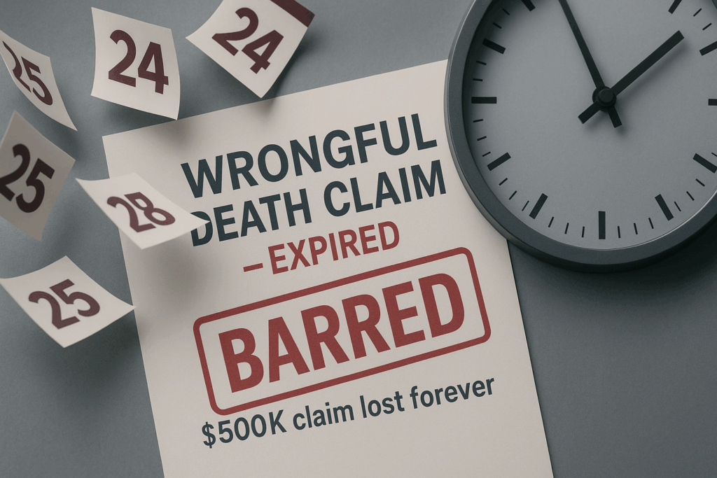 Calendar and expired legal documents showing missed statute of limitations deadline for wrongful death claim, illustrating permanent loss of estate recovery opportunity