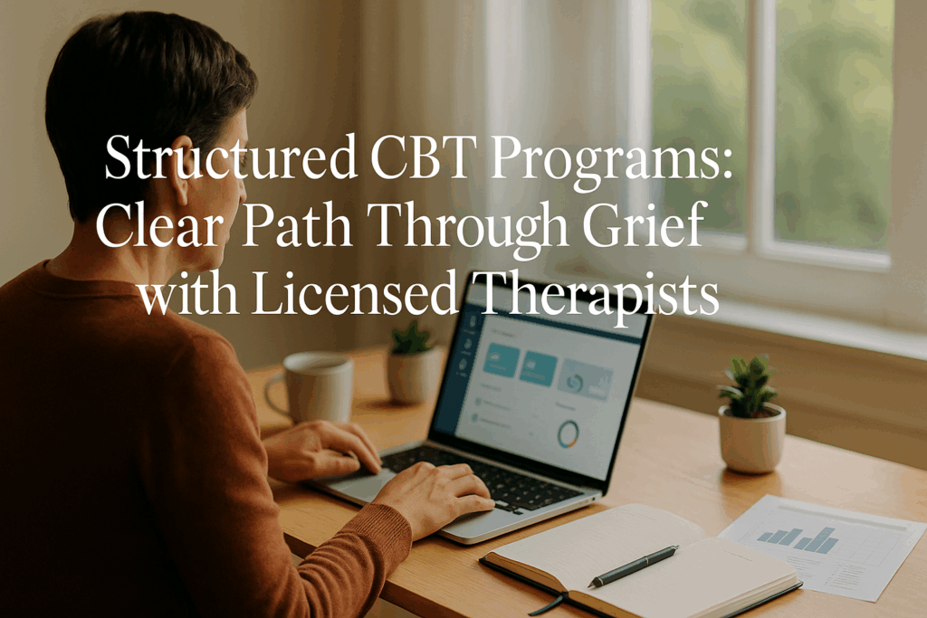 Person engaging with structured Online-Therapy.com grief program featuring daily activities and worksheets