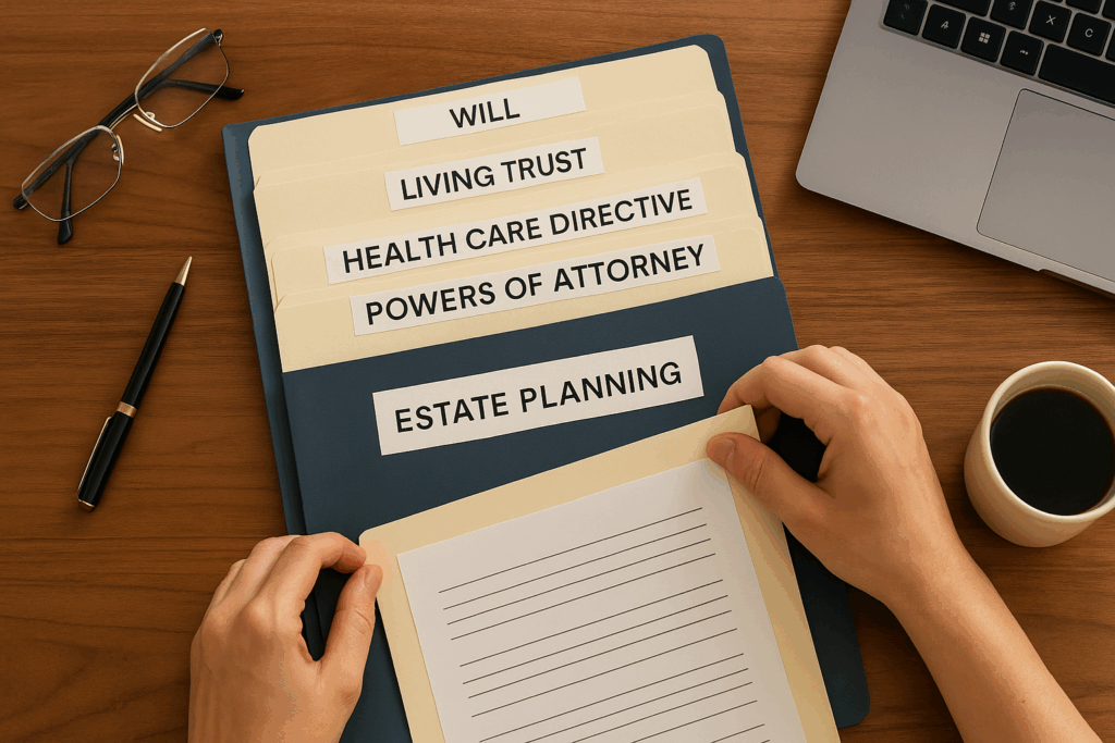  Organized estate planning document folders and laptop on desk