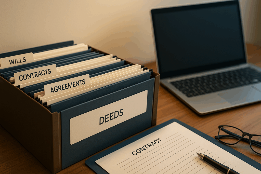 Organized legal document filing system with labeled folders and laptop