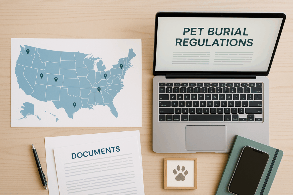 United States map showing pet burial laws vary by state and local jurisdiction