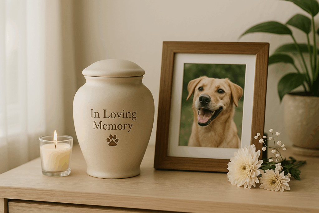 Pet cremation urn displayed with photo as part of home memorial to deceased pet