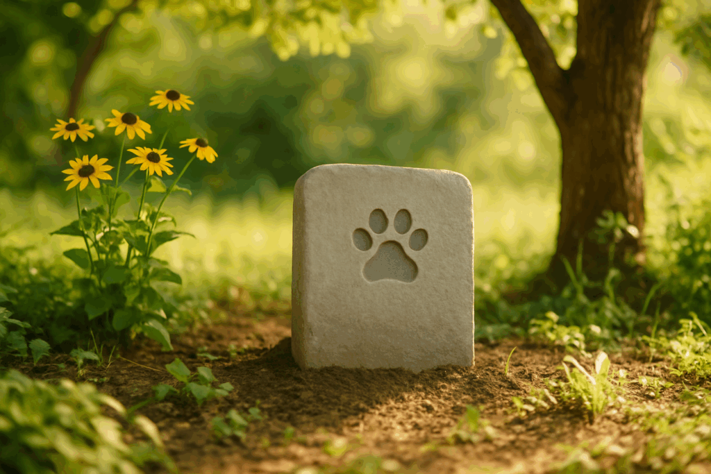 Pet burial memorial marker in backyard garden showing home burial option for deceased pets
