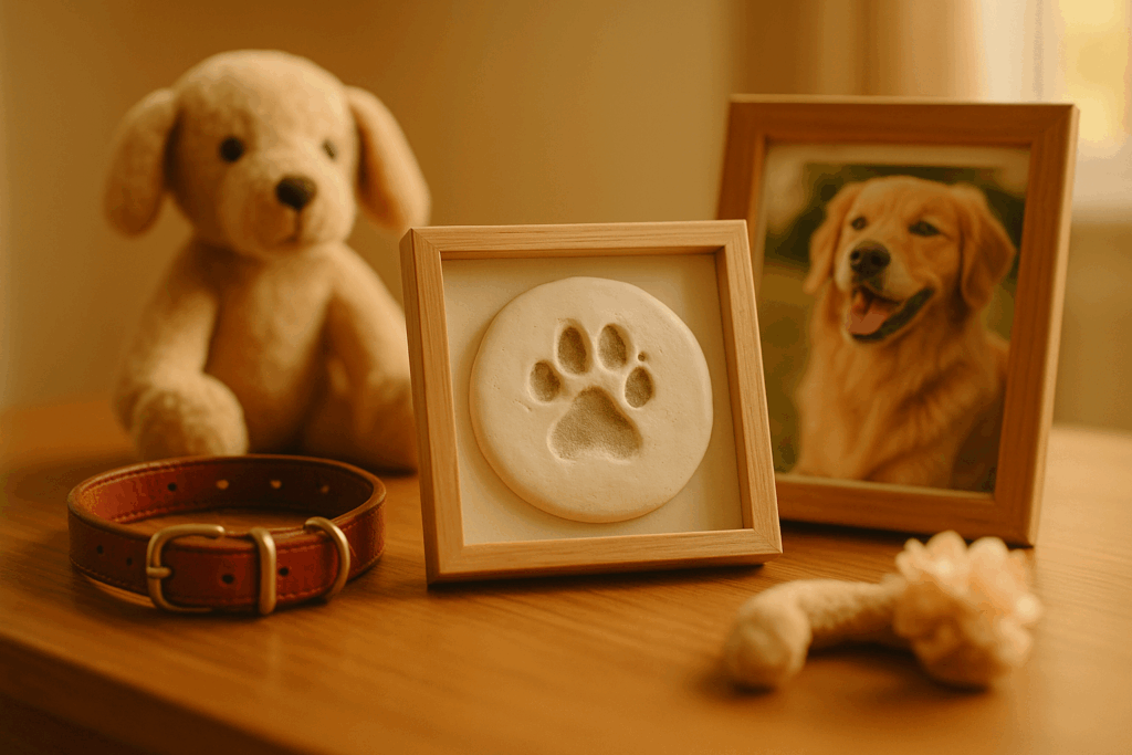Pet paw print keepsake in clay or ink as memorial item before cremation or burial