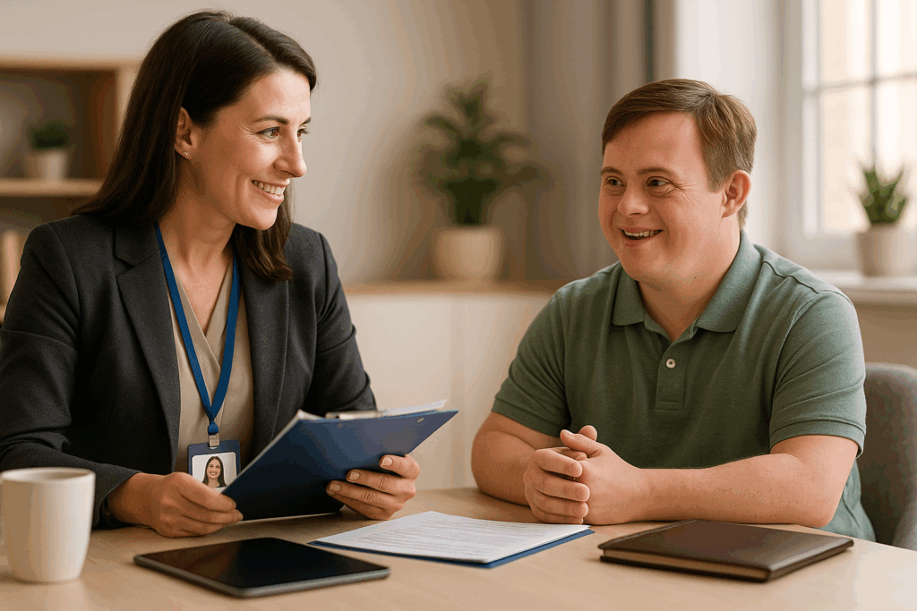 Professional guardian meeting with young adult with disabilities in friendly, professional setting