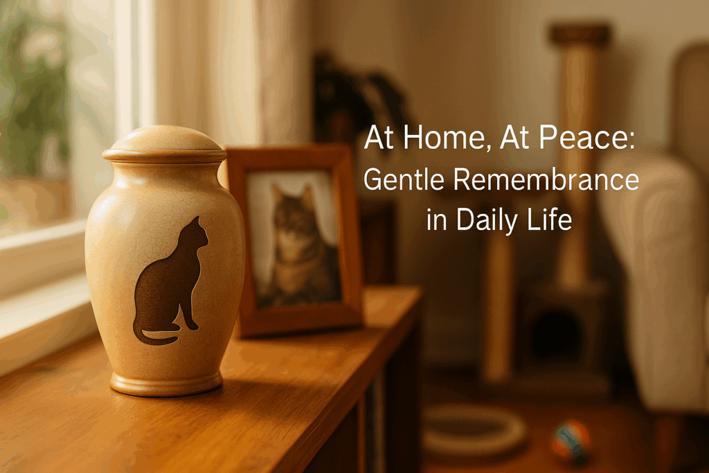 Beautiful cat cremation urn displayed in peaceful home setting honoring feline companion