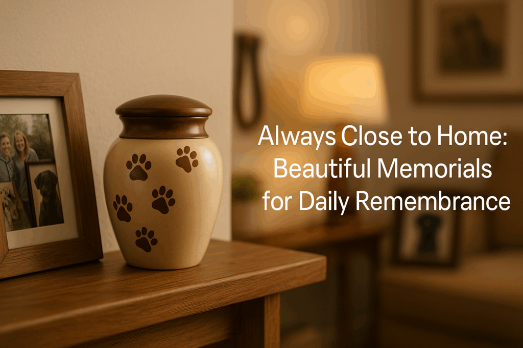 Beautiful dog cremation urn displayed in home honoring beloved companion