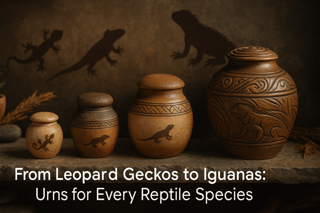 Reptile cremation urns in various sizes from small geckos to large monitors and pythons