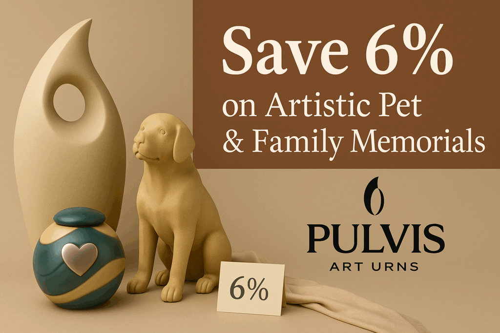 Elegant promotional image featuring handcrafted Pulvis Art Urns, including sculptural and heart-accented designs, with text reading “Save 6% on Artistic Pet & Family Memorials – Pulvis Art Urns.”