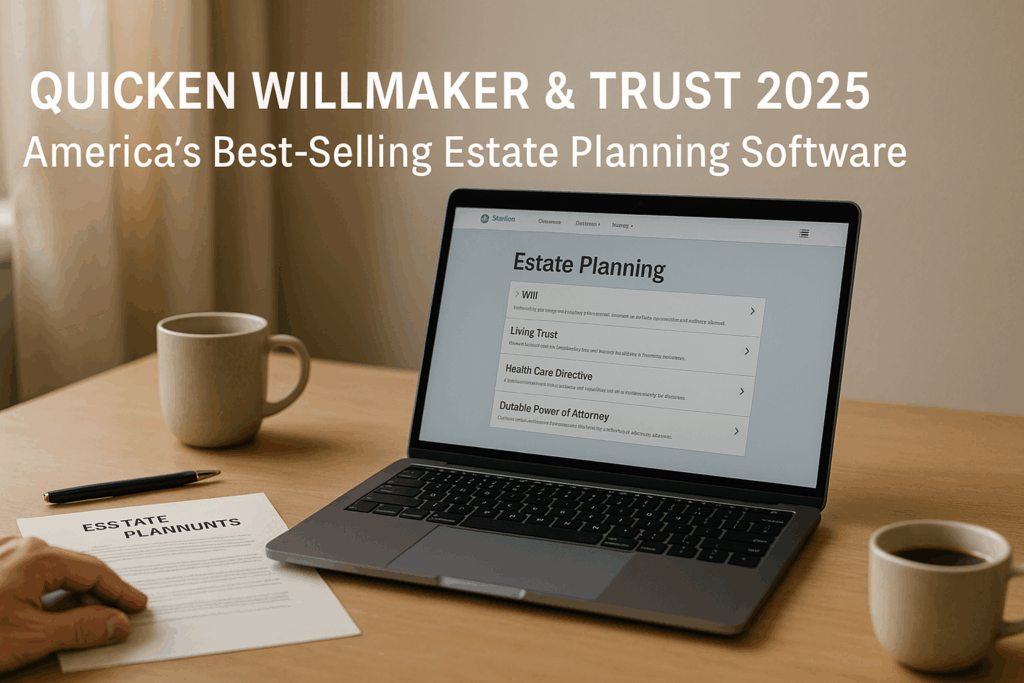 Laptop displaying Quicken WillMaker estate planning software on professional desk