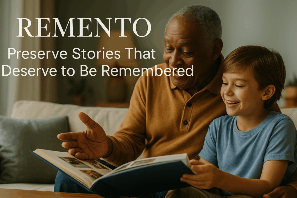 Grandparent and grandchild looking at family photos together while sharing stories in cozy home setting