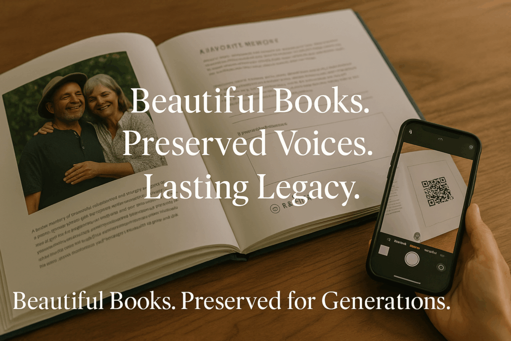 Remento hardcover memory book with QR codes linking to voice recordings being scanned with smartphone