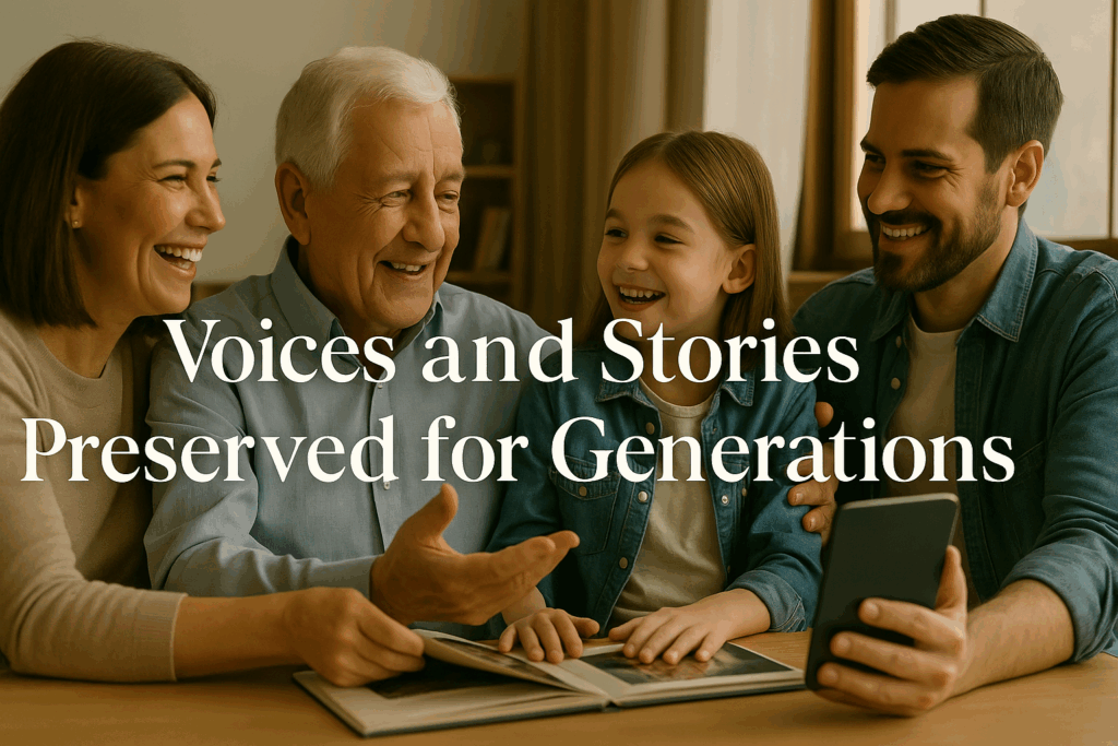 Multi-generational family recording stories together using smartphone for memory preservation