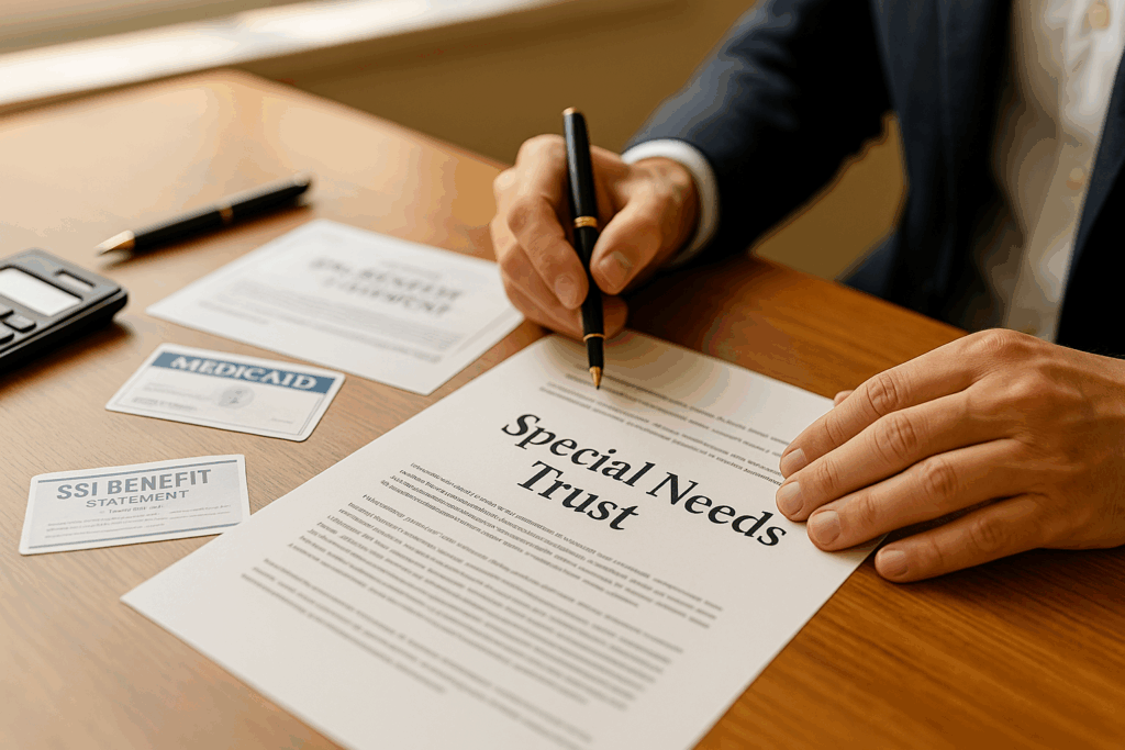 Hands reviewing special needs trust legal documents with SSI and Medicaid benefit information on desk
