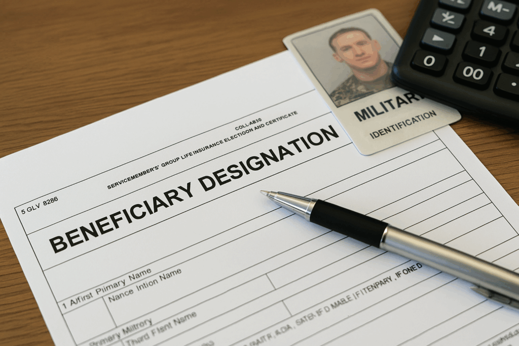 SGLI beneficiary designation form for military life insurance showing proper documentation requirements