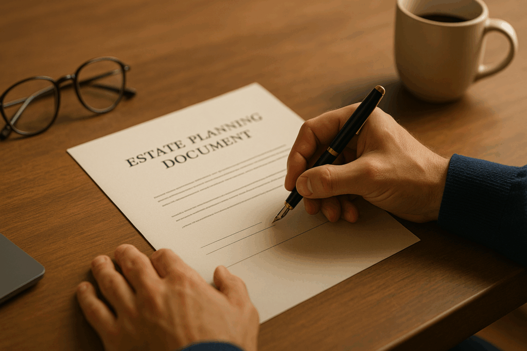 Hands signing estate planning legal documents with pen on desk