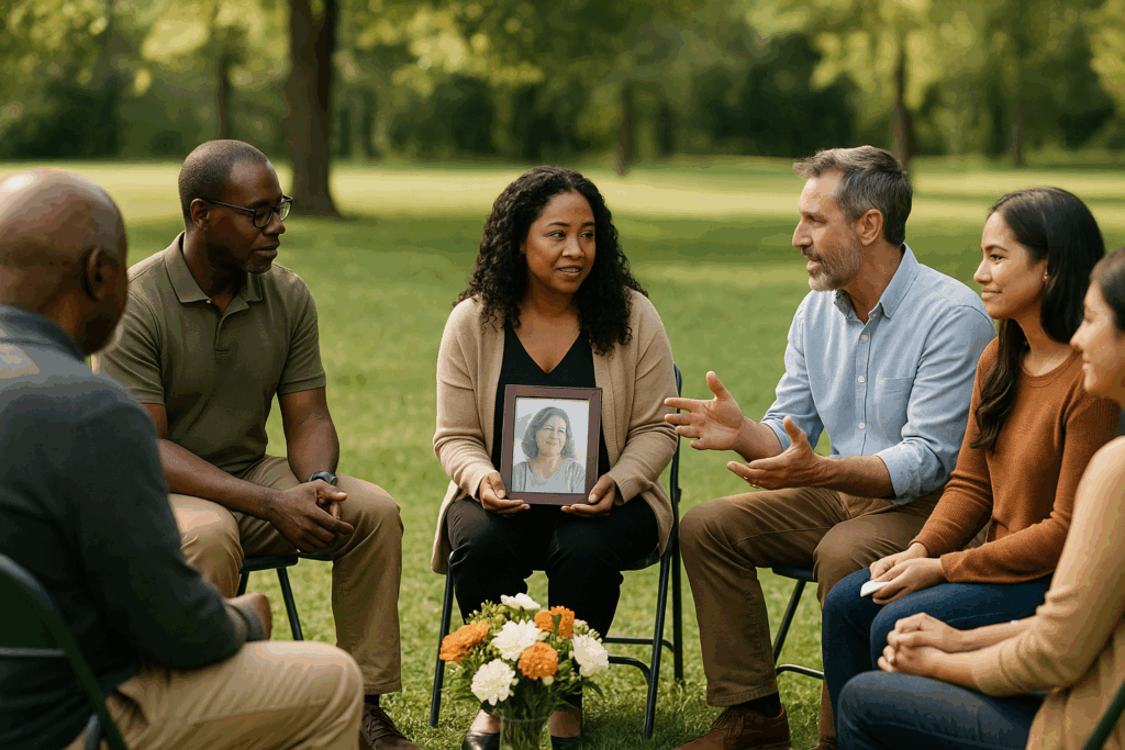 Intimate outdoor memorial service with small group sharing memories in garden setting