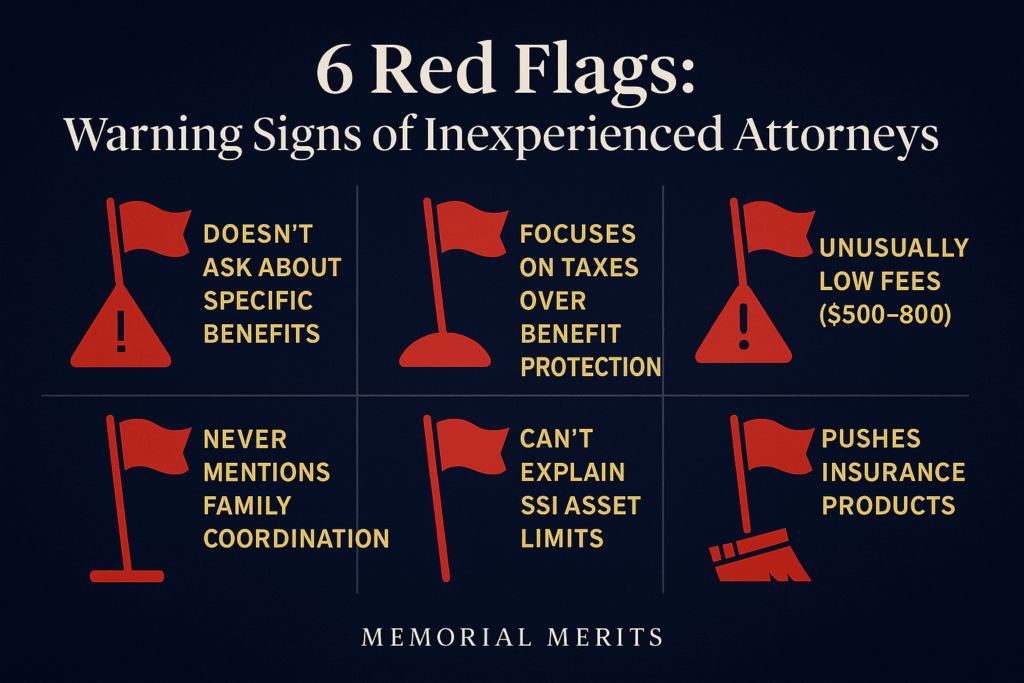 Infographic showing six red flag warning signs that indicate estate planning attorney lacks real special needs expertise