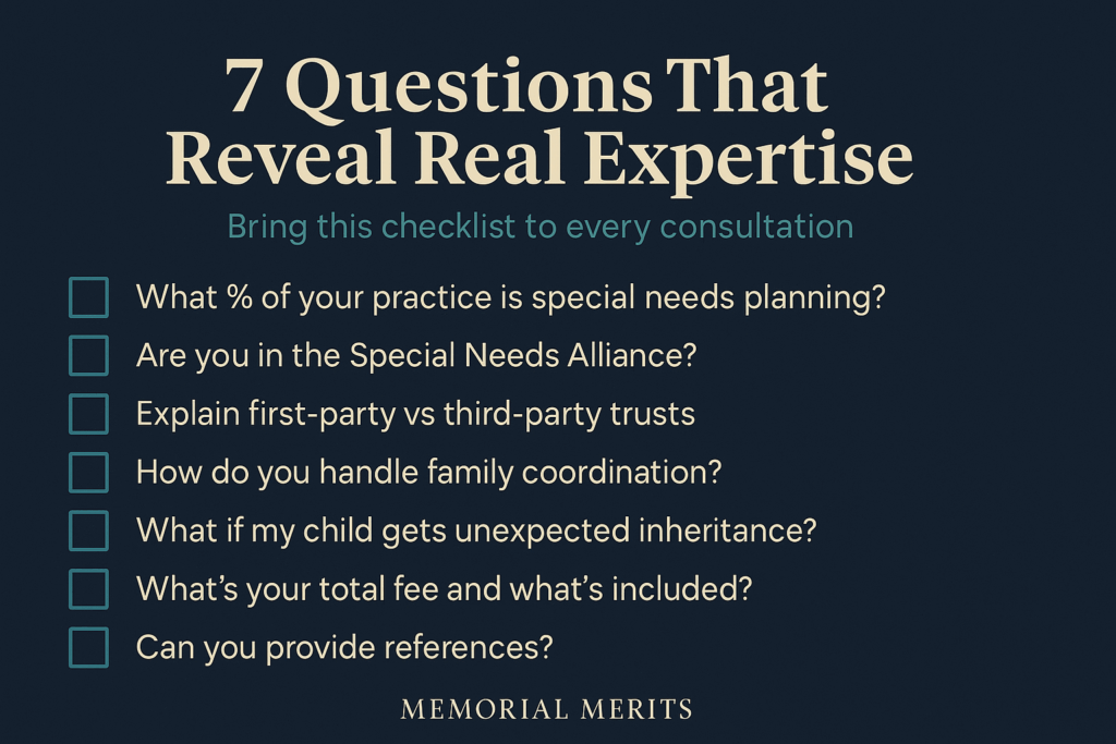Checklist of seven essential questions to ask special needs estate planning attorneys during consultation to evaluate their real expertise