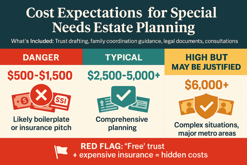 Cost expectations infographic showing typical pricing ranges for special needs estate planning from danger zone under $2000 to reasonable $2500-5000 comprehensive planning fees