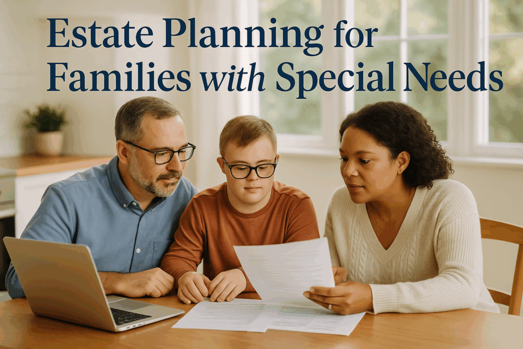 Family with special needs child reviewing estate planning documents together at home