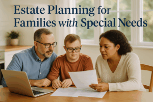 Family with special needs child reviewing estate planning documents together at home