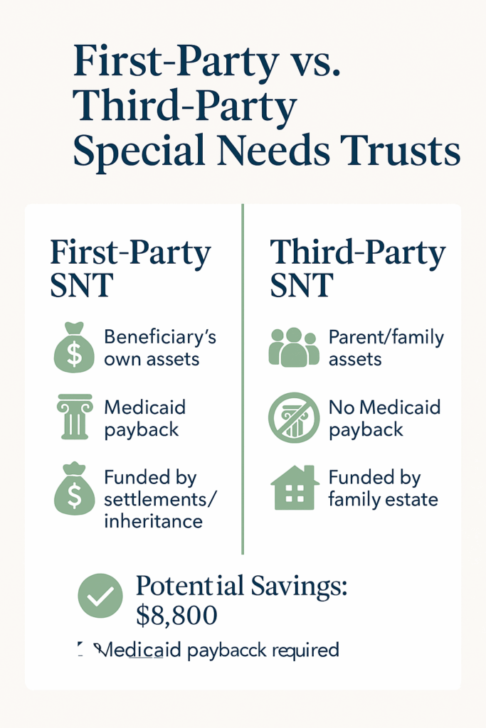 Infographic comparing first-party and third-party special needs trusts, showing key differences in funding and Medicaid payback requirements