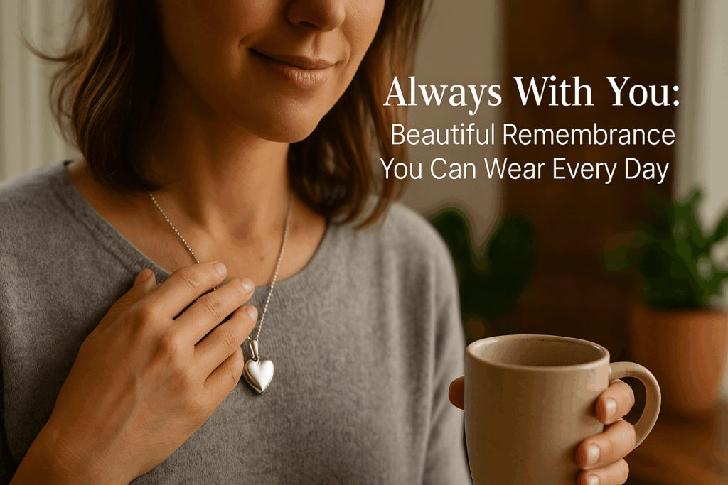 Person wearing Spirit Pieces cremation jewelry close to heart during daily life