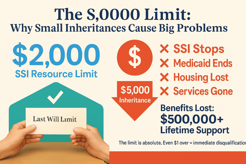 Infographic showing how SSI $2,000 resource limit means even small $5,000 inheritance causes immediate benefit loss