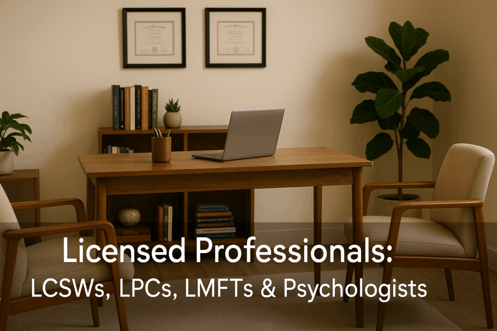 Licensed mental health professionals providing grief counseling through Talkspace platform