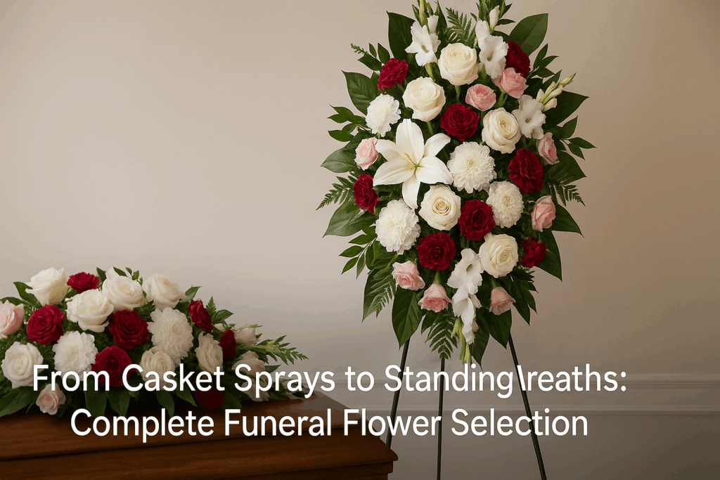 Teleflora standing spray and casket flowers showing professional funeral flower arrangements