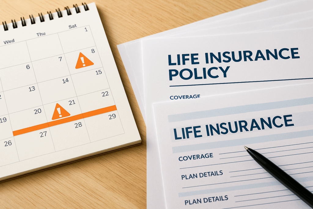 Calendar showing term life insurance expiration and conversion deadline dates for policy review and renewal