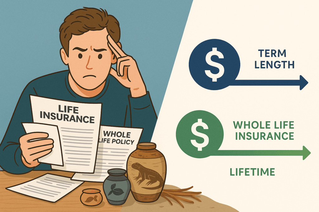 Visual comparison of term life insurance versus whole life insurance showing cost differences and coverage types