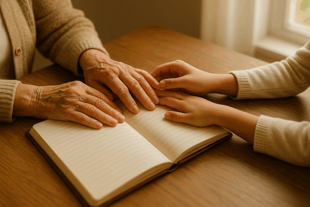 Three generations of hands around open legacy journal representing wisdom passed across generations