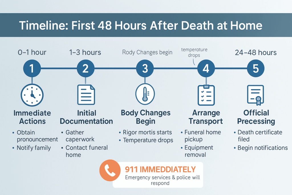 Timeline infographic showing the first 48 hours after death at home including body changes, documentation needs, and required actions