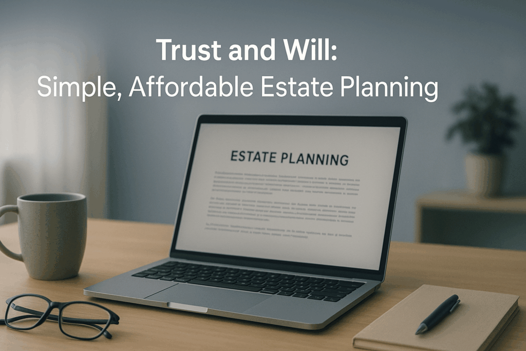 Person using laptop to complete estate planning documents in peaceful home office setting