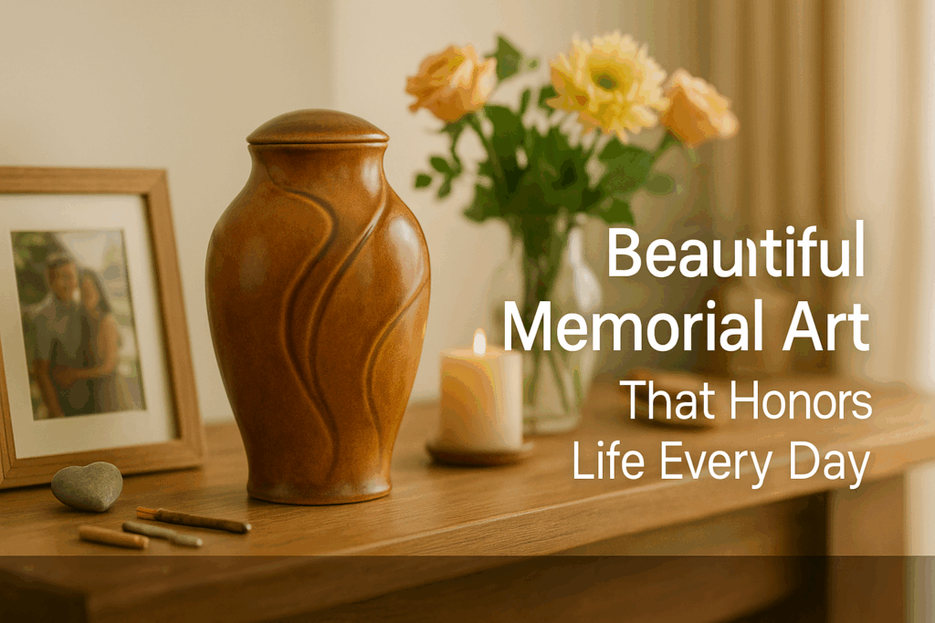 Beautiful artist-designed urn from Urns for Angels displayed in peaceful home memorial setting
